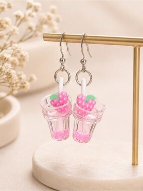 Strawberry Boba Tea Dangle Earrings Fun Kawaii Cute Novelty‎ Jewelry
